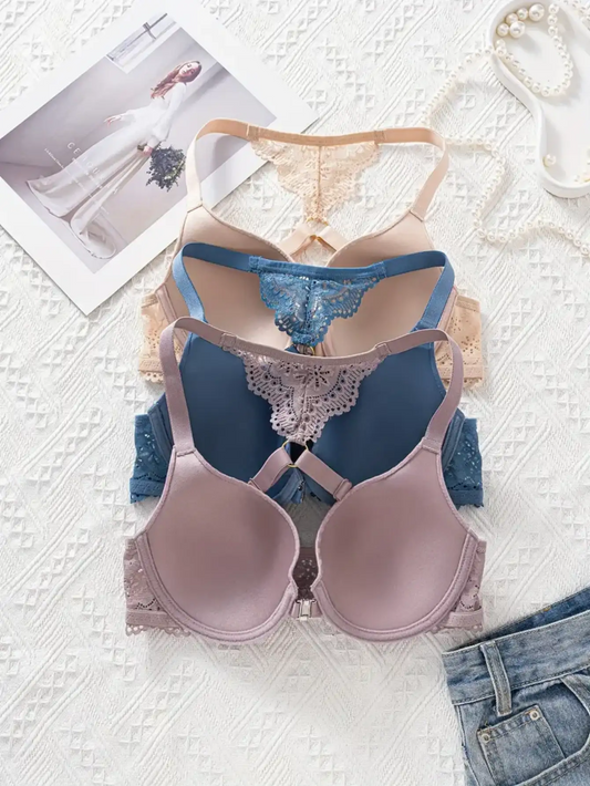 3-piece set of French-style front-closure push-up bras