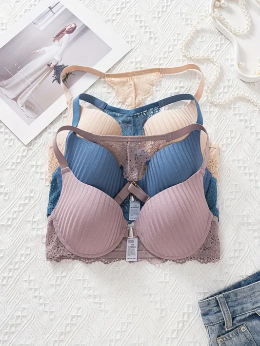 3-piece set of French-style front-closure push-up bras