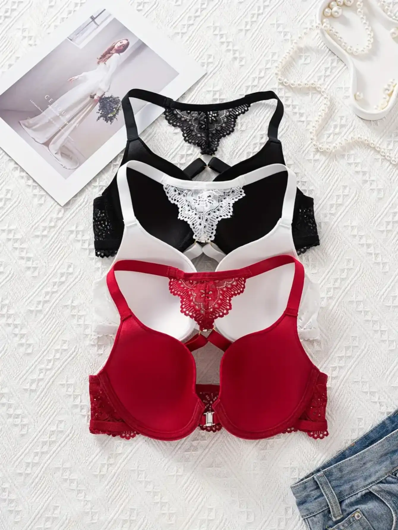 3-piece Set of Sexy Lace Front-Closure Bras