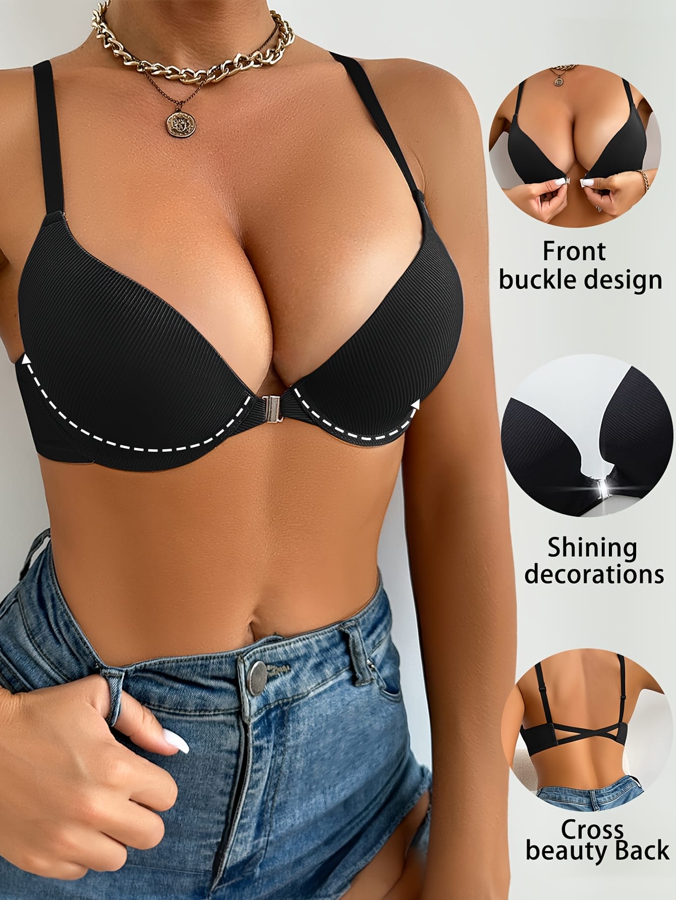 Threaded front buckle underwire bra
